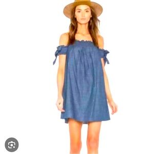 MISA Los Angeles Off Shoulder Denim Dress Medium Boho Smocked Mini